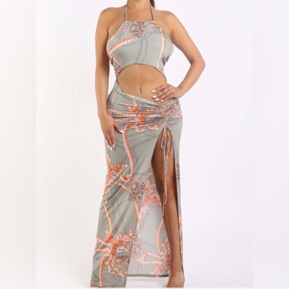 Sage Combo printed Halter Cutout Ruched Bodycon Maxi Dress - Picture 1 of 6